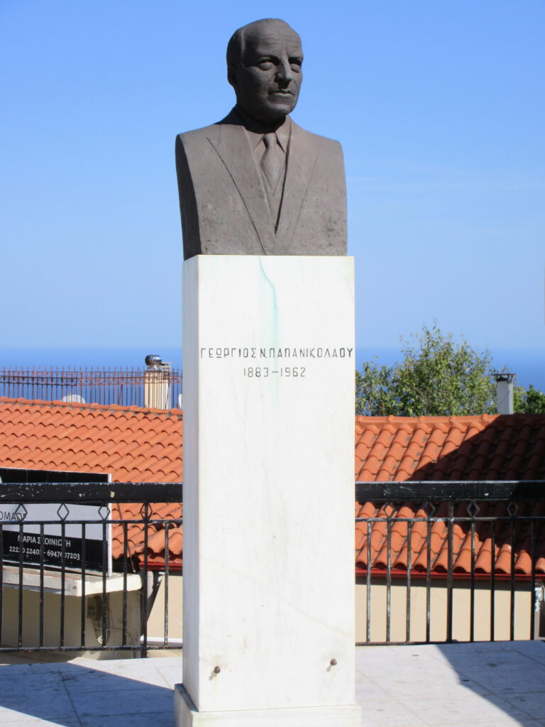 Dr. Pap statue located in the town square of Kymi