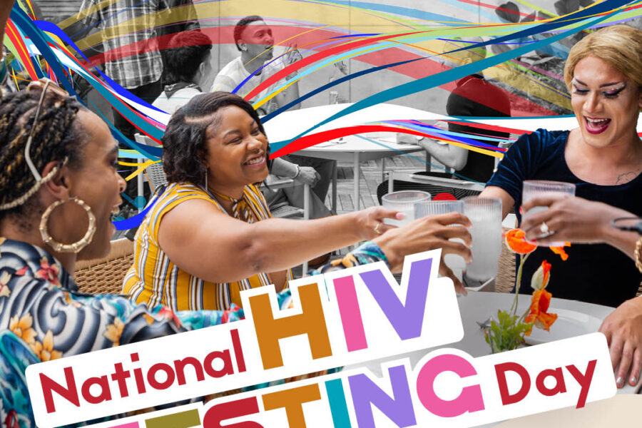Image: A diverse group of people standing together, holding hands, and wearing red ribbons. National HIV Testing Day logo with red ribbon and stethoscope on blue background. Text: National HIV Testing Day.