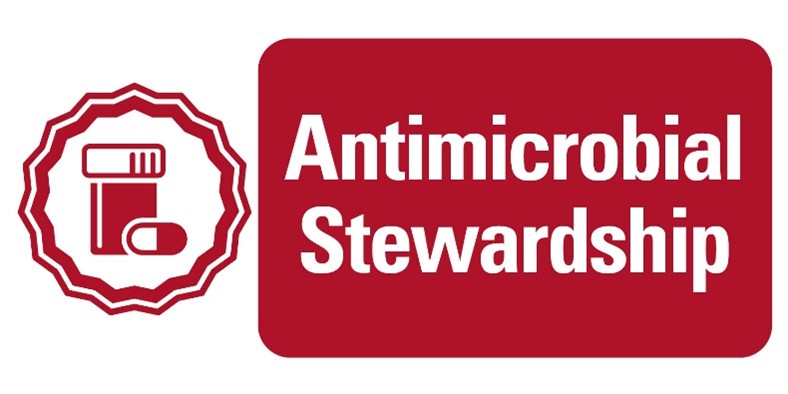 Antimicrobial Stewardship logo with a pill bottle and pill encircled by a polygon outlined in red, and a red rectangular shape to the right with the words Antimicrobial Stewardship written in it