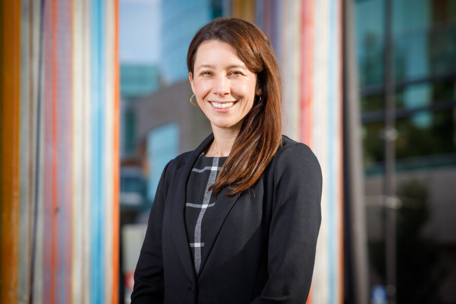 Sara Bares&comma; MD&comma; photographed with the Kaneko columns on Medical Center Plaza on Wednesday&comma; October 26&comma; 2022&period;