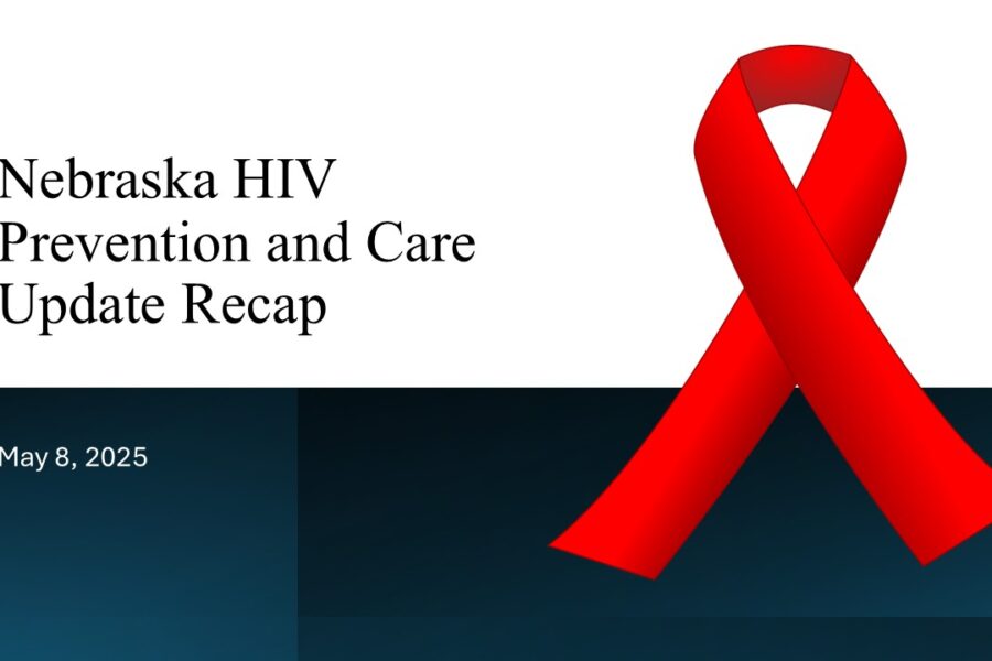 Color block background with white on top and dark blue on bottom panel. in the foreground in black text on the left is "Nebraska HIV Prevention and Care Update Recap"; Lowe left has date May 8 2025. On right is a large red HIV awareness ribbon.