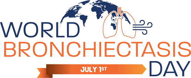 Background with an image of the globe and a pair of lungs with a wind icon. overlaying this are the words "world bronchiectasis day, July 1st"