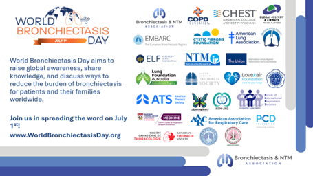Slide with white background. on the right hand are multiple logos of affiliated organizations. On the top left is a logo depicting world bronchiectasis day. On the left center are the words "World Bronchiectasis Day aims to raise global awareness, share knowledge, and discuss ways to reduce the burden of bronchiectasis for patients and their families worldwide."  Below this is written "Join us in spreading the word on July 1! wwww.worldbronchiectasisday.org"