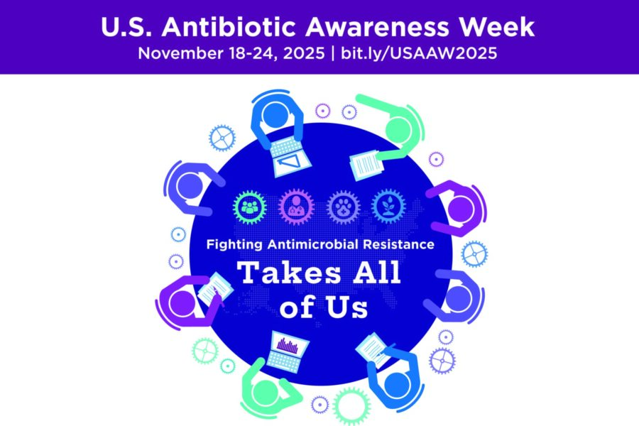Graphic for U&period;S&period; Antibiotic Awareness Week&comma; November 18–24&comma; 2025&comma; with the URL bit&period;ly&sol;USAAW2025&period; Central circle reads &OpenCurlyQuote;Fighting Antimicrobial Resistance Takes All of Us&comma;’ surrounded by colorful gear icons and illustrations of people using laptops and tablets&comma; symbolizing collaboration&period;