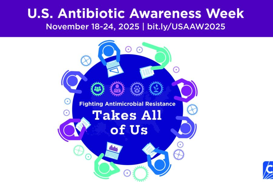 Graphic for U&period;S&period; Antibiotic Awareness Week&comma; November 18–24&comma; 2025&comma; with the URL bit&period;ly&sol;USAAW2025&period; Central circle reads &OpenCurlyQuote;Fighting Antimicrobial Resistance Takes All of Us&comma;’ surrounded by colorful gear icons and illustrations of people using laptops and tablets&comma; symbolizing collaboration&period;