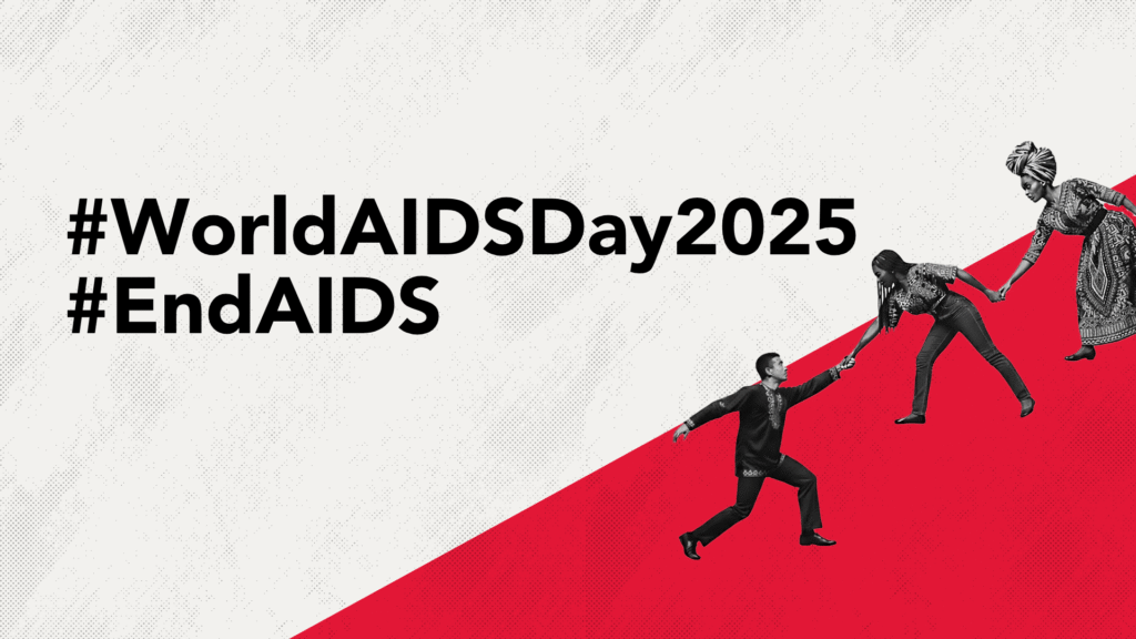 world AIDS day logo with a cream colored pattered background, with black lettering words #WorldAIDSDay2025 and #EndAIDS, and in the right bottom corner is a red triangle, with three people helping each other up