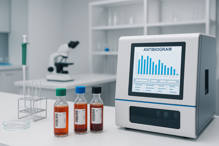 Automated antimicrobial susceptibility testing machine displaying an antibiogram chart&comma; with three blood culture bottles and test tubes on a lab bench&comma; and a microscope in the background
