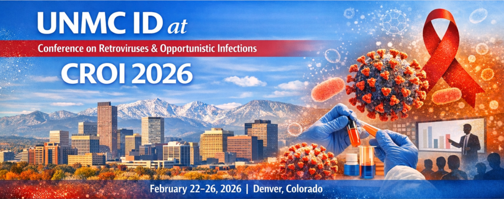 Wide banner showing the Denver skyline with snow‑capped mountains behind it, overlaid with graphics representing HIV research—including red ribbon imagery, virus illustrations, laboratory gloved hands handling test tubes, and a silhouette of a presenter in front of a chart. Large text reads ‘UNMC ID at Conference on Retroviruses & Opportunistic Infections – CROI 2026,’ with event dates ‘February 22–26, 2026 | Denver, Colorado