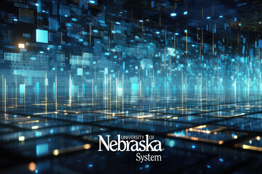 Blue and gold gradient technological graphic with University of Nebraska System logo in white