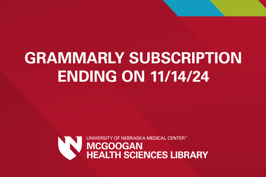 Red background with Grammarly subscription ending on 11&sol;14&sol;24 in white font with the McGoogan Health Sciences Library logo in white