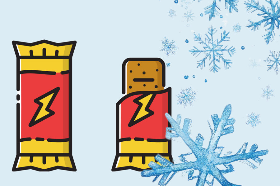 Granola bar graphic rendering with snowflakes and a light blue background