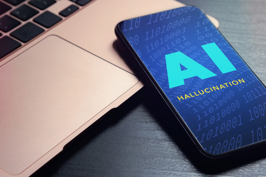 Computer with cell phone laid on top with "AI hallucinations" displayed on the screen&period;