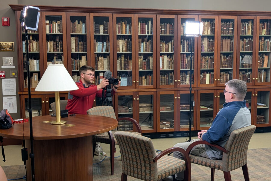 Behind-the-scenes set up of McGoogan Library&apos;s oral history interviews