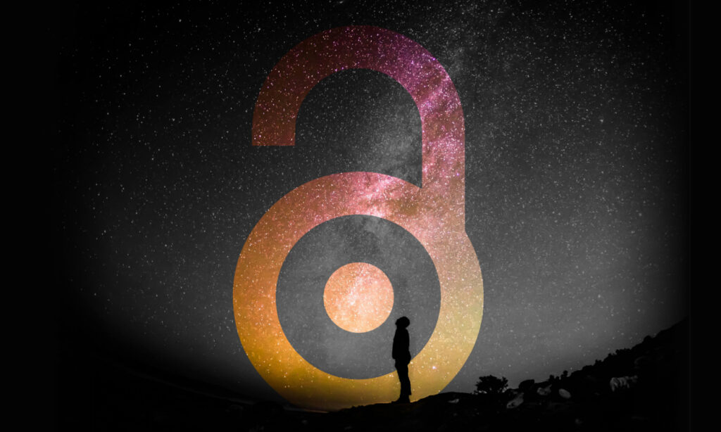 Man silhouette looking up at nighttime sky lit up with stars and open access logo.