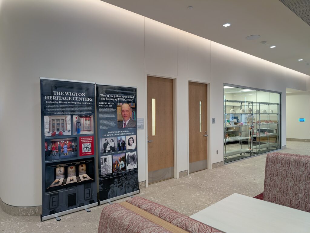 Wiggton Heritage Center pull up banners, doors to library offices and model storage room.