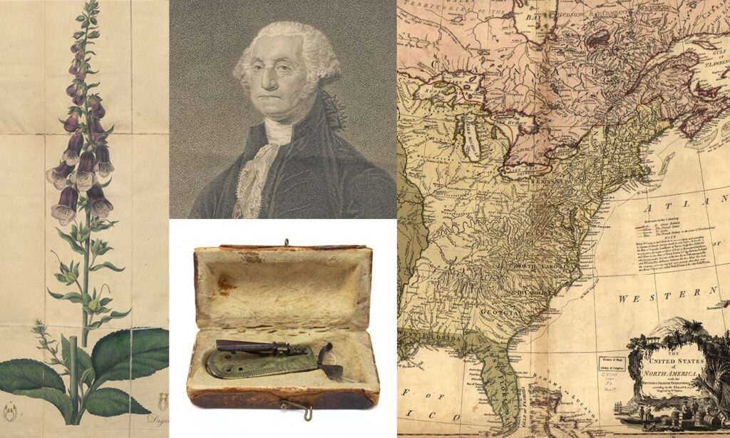 Image of foxglove plant, George Washington, lancet for bloodletting and map of United States from 1785.