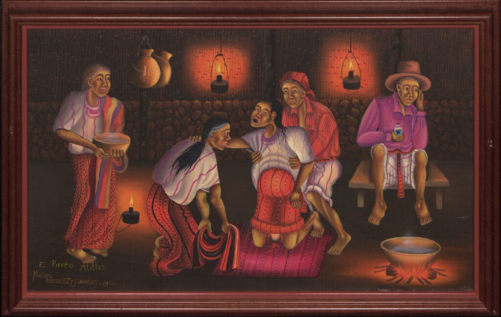 “El Parto, Atitlan”  by Matias Gonzalez Chavajay features a trio of women surrounding a mother-to-be, each playing their part in midwifing.