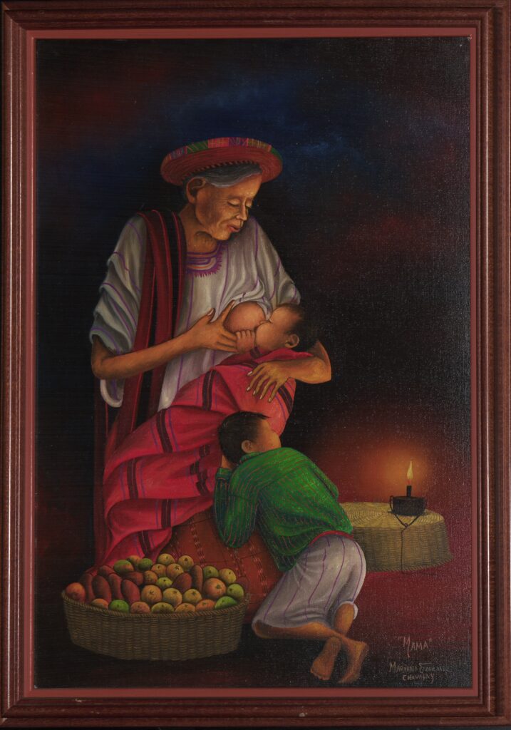 "Mama" by Mariano Gonzalez Chavajay  features features an older-looking matriarch draped both in beautiful tunics and children. One nurses at her breast, while the other rests at her feet in a different show of dependence.   