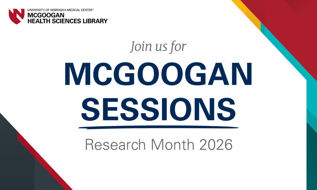 Gray and blue text on a white background reads Join us for McGoogan Sessions Research Month 2026 and is bordered by red, gold, blue, green, gray and black color.